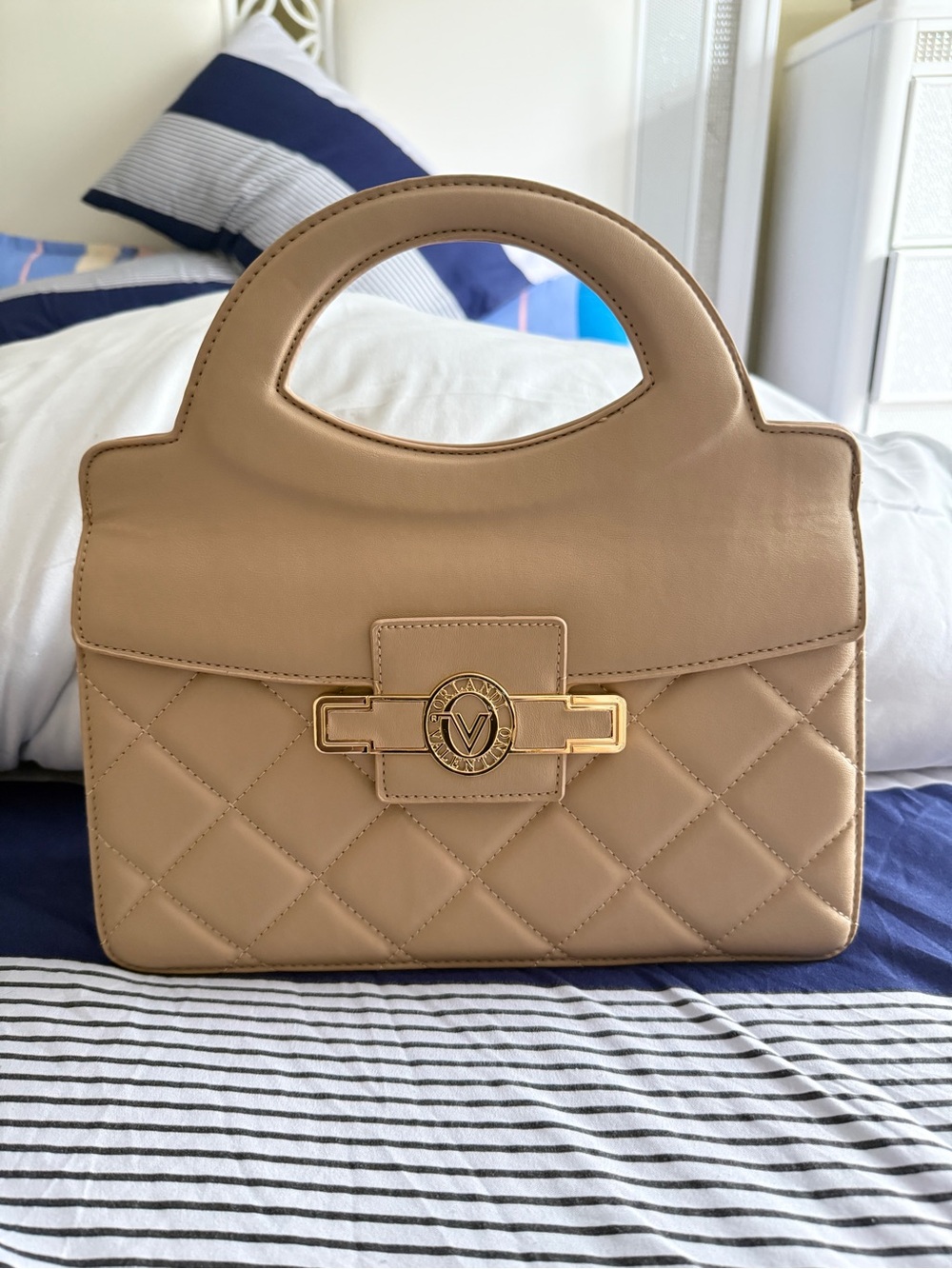 Valentino Orlandi Quilted Beige Top-Handle Satchel with Gold Hardware - Picture 2 of 2